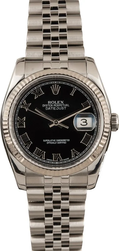 Rolex Datejust 36 116234, Black Roman dial, Jubilee